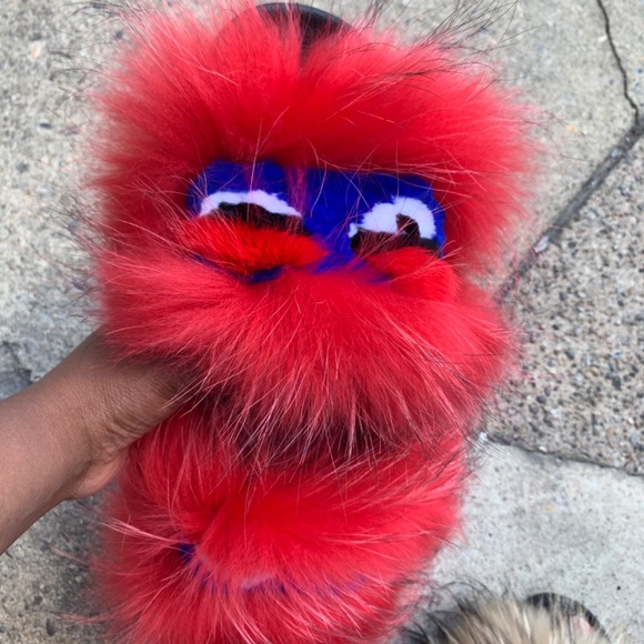 Red Monsta  Real Fur Custom  Slides sizes 9.5,10 - Picture 6 of 6